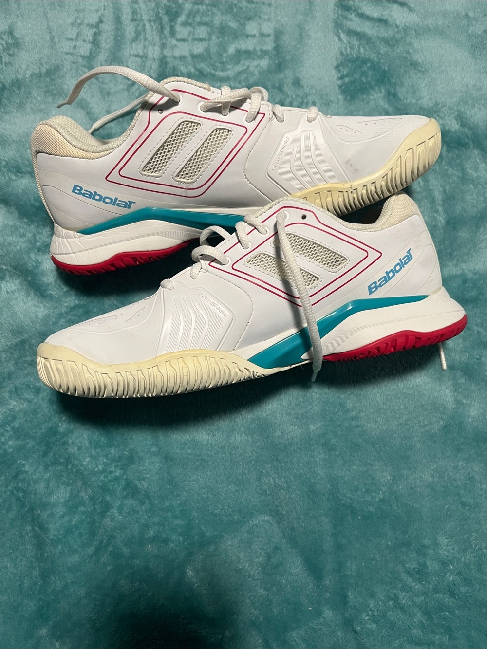 Babolat White Tennis Shoes with Teal & Pink Accents